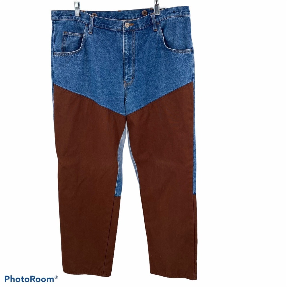 Walls Men Size 38 Denim Work Pants Brown Canvas Leg Panels Regular Outdoors